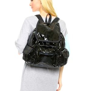 Le sport sac black patent leather (vegan) voyager backpack diaper bag